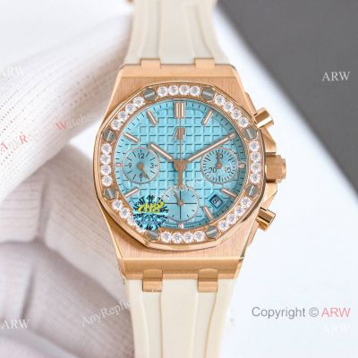 Super Clone Audemars Piguet Royal Oak Offshore Lady 37 Sky Blue Dial Rose Gold Diamond-set